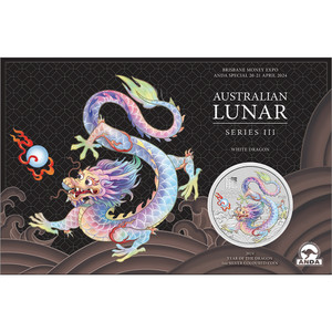 Brisbane Money Expo Special White Dragon 2024 Year of the Dragon 1oz Silver Coloured Coin in Card Brisbane Money Expo Special White Dragon 2024 Year of the Dragon 1oz Silver Coloured Coin in Card