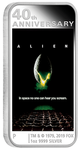 2019 Alien 40th Anniversary 1oz Silver Proof Coin - reverse - angle view 2019 Alien 40th Anniversary 1oz Silver Proof Coin - reverse - angle view