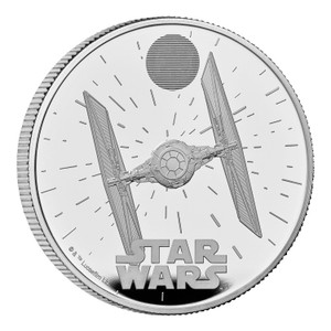 Star Wars TIE Fighter 2024 UK 1oz Silver Proof Coin - reverse - angle view Star Wars TIE Fighter 2024 UK 1oz Silver Proof Coin - reverse - angle view