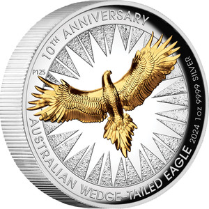 Australian Wedge-tailed Eagle 10th Anniversary 2024 1oz Silver Proof High Relief Gilded Coin - reverse Australian Wedge-tailed Eagle 10th Anniversary 2024 1oz Silver Proof High Relief Gilded Coin - reverse