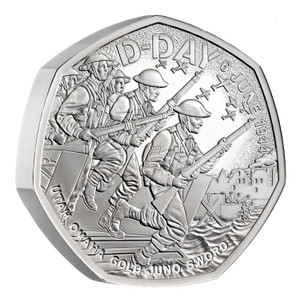 D-Day 2024 UK 50p Silver Piedfort Proof Coin - reverse - angle view D-Day 2024 UK 50p Silver Piedfort Proof Coin - reverse - angle view