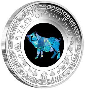 2019 Year of the Pig 1oz Silver Proof Coin - Australian Opal Lunar Series - reverse - angle view 2019 Year of the Pig 1oz Silver Proof Coin - Australian Opal Lunar Series - reverse - angle view