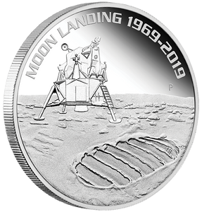 2019 50th Anniversary of the Moon Landing  1oz Silver Proof Coin - angle view - reverse 2019 50th Anniversary of the Moon Landing  1oz Silver Proof Coin - angle view - reverse