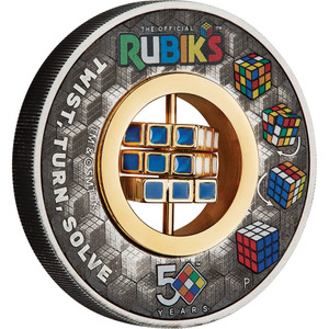 Rubik’s™ Cube 50th Anniversary 2024 2oz Silver Antiqued Coloured Coin - reverse Rubik’s™ Cube 50th Anniversary 2024 2oz Silver Antiqued Coloured Coin - reverse