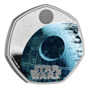 Star Wars Death Star 2024 UK 50p Silver Proof Colour Coin - reverse - angle view Star Wars Death Star 2024 UK 50p Silver Proof Colour Coin - reverse - angle view