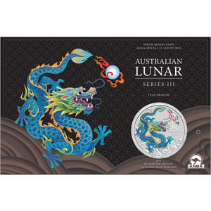 Perth Money Expo ANDA Special Australian Lunar Series III 2024 Year of the Dragon 1oz Silver Teal Coloured Coin in Card - in presentation card Perth Money Expo ANDA Special Australian Lunar Series III 2024 Year of the Dragon 1oz Silver Teal Coloured Coin in Card - in presentation card