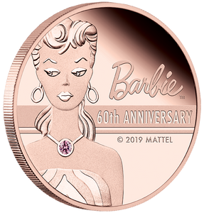 2019 Barbie™ 60th Anniversary 2oz Rose Gold Proof Coin - angle view - reverse 2019 Barbie™ 60th Anniversary 2oz Rose Gold Proof Coin - angle view - reverse