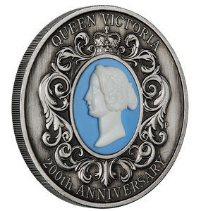 2019 Queen Victoria 200th Anniversary 2oz Silver Antiqued Cameo Coin - reverse - angle view 2019 Queen Victoria 200th Anniversary 2oz Silver Antiqued Cameo Coin - reverse - angle view