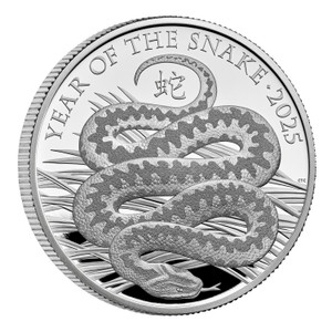 Lunar Year of the Snake 2025 UK 1oz Silver Proof Coin - reverse -angle view Lunar Year of the Snake 2025 UK 1oz Silver Proof Coin - reverse -angle view