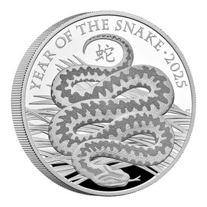 Lunar Year of the Snake 2025 UK 5oz Silver Proof Coin - reverse - angle view Lunar Year of the Snake 2025 UK 5oz Silver Proof Coin - reverse - angle view