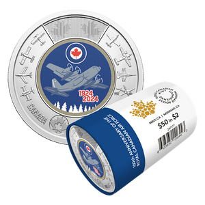 2024 $2 100th Anniversary of the Royal Canadian Air Force Colourized Special Wrap Roll - roll and reverse of the coin 2024 $2 100th Anniversary of the Royal Canadian Air Force Colourized Special Wrap Roll - roll and reverse of the coin