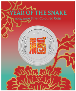 2025 Year Of The Snake 'Fu' - Prosperity 1/2oz Silver Coloured Coin In Card - coin in card 2025 Year Of The Snake 'Fu' - Prosperity 1/2oz Silver Coloured Coin In Card - coin in card