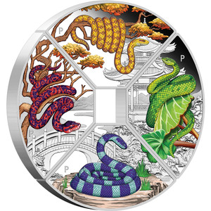 2025 Year Of The Snake Quadrant 1oz Silver Proof Coloured Four-Coin Set - reverse 2025 Year Of The Snake Quadrant 1oz Silver Proof Coloured Four-Coin Set - reverse