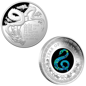 LUNAR COMBO: Australian Opal Lunar Series 2025 Year of the Snake 1oz Silver Proof Coin and Lunar Year of the Dragon 2024 $5 Domed Fine Silver Proof Coin LUNAR COMBO: Australian Opal Lunar Series 2025 Year of the Snake 1oz Silver Proof Coin and Lunar Year of the Dragon 2024 $5 Domed Fine Silver Proof Coin