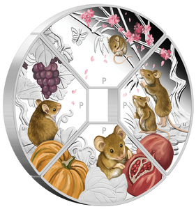 2020 Year of the Mouse Quadrant 1oz Silver Proof Four Coin Set - Reverse - angle view 2020 Year of the Mouse Quadrant 1oz Silver Proof Four Coin Set - Reverse - angle view