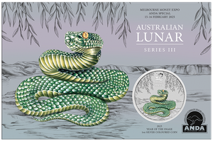 Melbourne Money Expo ANDA Special - 2025 Year of the Snake 1oz Coloured Coin in Card - presentation card Melbourne Money Expo ANDA Special - 2025 Year of the Snake 1oz Coloured Coin in Card - presentation card