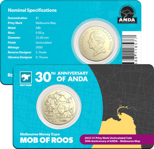 Melbourne Money Expo ANDA Special - 2025 $1 Mob of Roos - Melbourne Privy Mark - in presentation card Melbourne Money Expo ANDA Special - 2025 $1 Mob of Roos - Melbourne Privy Mark - in presentation card