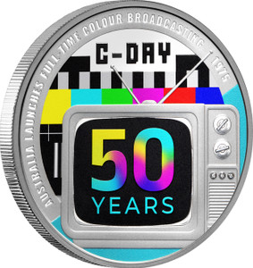 Colour TV in Australia 50th Anniversary 2025 $1 1oz Silver Proof Coin - reverse - angle view Colour TV in Australia 50th Anniversary 2025 $1 1oz Silver Proof Coin - reverse - angle view