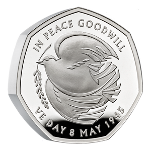 The 80th Anniversary of VE Day 2025 UK 50p Silver Proof Piedfort Coin - reverse angle The 80th Anniversary of VE Day 2025 UK 50p Silver Proof Piedfort Coin - reverse angle