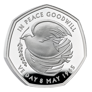 The 80th Anniversary of VE Day 2025 UK 50p Silver Proof Coin - reverse angle The 80th Anniversary of VE Day 2025 UK 50p Silver Proof Coin - reverse angle