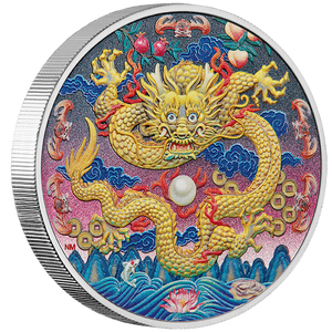 2025 Imperial Golden Dragon 3oz Silver Coloured Proof Coin - reverse angle view 2025 Imperial Golden Dragon 3oz Silver Coloured Proof Coin - reverse angle view