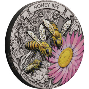 Honey Bee 2025 2oz Silver Antiqued Coloured Coin - reverse Honey Bee 2025 2oz Silver Antiqued Coloured Coin - reverse