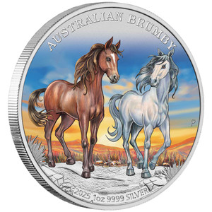 Australian Brumby 2025 1oz Silver Coloured Coin - reverse - angle view Australian Brumby 2025 1oz Silver Coloured Coin - reverse - angle view