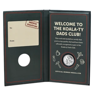 Koala-Ty Dads Club 1/4oz Silver Official Member Medallion - gift card presentation packaging open