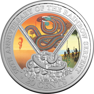 2025 20c Coloured Uncirculated Book Week Coin - The Rainbow Serpent - Special Edition Book - reverse 2025 20c Coloured Uncirculated Book Week Coin - The Rainbow Serpent - Special Edition Book - reverse