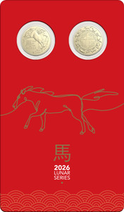 2026 $1 Uncirculated Two-Coin Set – Lunar Series – Year of the Horse - Coin n Display Card Front 2026 $1 Uncirculated Two-Coin Set – Lunar Series – Year of the Horse - Coin n Display Card Front