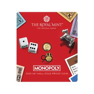 Monopoly 2025 UK 50p 1/40oz Gold Proof Coin - coin in card front Monopoly 2025 UK 50p 1/40oz Gold Proof Coin - coin in card front