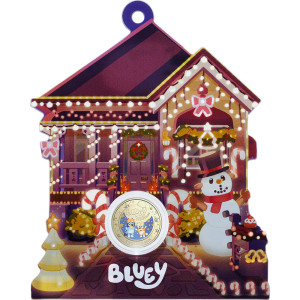 2025 $1 Bluey Christmas Coloured Uncirculated Coin - packaging front 2025 $1 Bluey Christmas Coloured Uncirculated Coin - packaging front