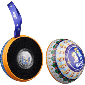 2025 $1 Bluey Christmas Coloured Fine Silver Proof Coin - presentation coin case front open 2025 $1 Bluey Christmas Coloured Fine Silver Proof Coin - presentation coin case front open