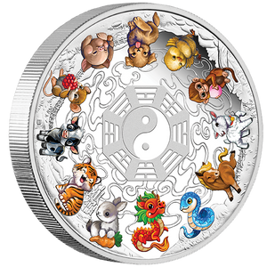 2025 Twelve Baby Lunar Animals 5oz Silver Coloured Proof Coin - reverse angle 2025 Twelve Baby Lunar Animals 5oz Silver Coloured Proof Coin - reverse angle