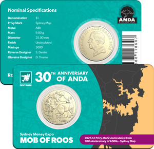 Sydney Money Expo ANDA Special - 2025 $1 Mob of Roos - Sydney Map Privy Mark - Coin in Card Sydney Money Expo ANDA Special - 2025 $1 Mob of Roos - Sydney Map Privy Mark - Coin in Card