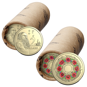 RAM Combo: 2025 $2 80 Years On: Remembering the Second World War Poppy Wreath Coloured Circulating Rolled Coin - Premium and 2025 $2 Coin Roll - Non-Premium