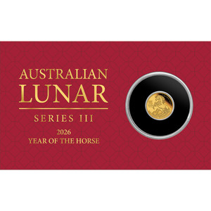 Australian Lunar Series III 2026 Year of the Horse 0.5g Gold Proof Coin in Card - coin in card front