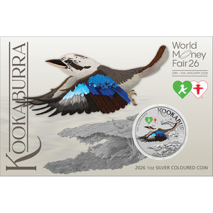 WMF Berlin Show Special - Australian Kookaburra 2026 1oz Silver Coloured Coin with Double Amplemann Privy - coin in card front