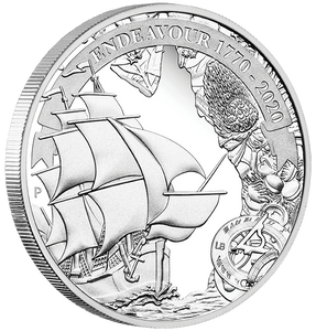 2020 Voyage of Discovery Endeavour 1oz Silver Proof Coin - reverse angle view 2020 Voyage of Discovery Endeavour 1oz Silver Proof Coin - reverse angle view