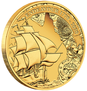 2020 Voyage of Discovery Endeavour 1/4oz Gold Proof Coin - reverse angle view 2020 Voyage of Discovery Endeavour 1/4oz Gold Proof Coin - reverse angle view