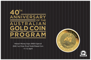 Hobart Money Expo 2026 - 40th Anniversary of the Australian Gold Nugget Program 1oz Silver Proof Gold Plated Coin - Coin in Card front