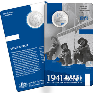 2026 20c Coloured Uncirculated Coin - 1941: Service Amid Strife - Greece & Crete - coin in card