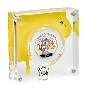 100 Years of Winnie the Pooh - Friendship 2026 UK 50p Silver Proof Colour Coin - acrylic block angle
