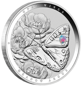 2026 Australian Opal Wings - Meadow Argus 1oz Silver Proof Coin with Opal Insert - reverse angle