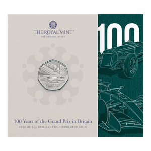 100 Years of the British Grand Prix 2026 UK 50p Brilliant Uncirculated Coin - coin in card frnt
