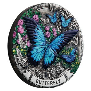 Butterfly 2026 2oz Silver Antiqued Coloured Coin - reverse
