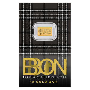 Bon Scott 80th Anniversary 2026 1g Gold Minted Bar - coin in card front