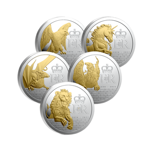 2026 Pitcairn Islands Queen's Beast Gold Gilt 5x 1oz Silver Coin Set - set