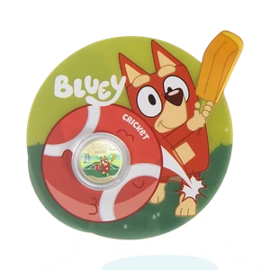 Bluey Cricket 2027 $1 Coloured Uncirculated Coin - coin in card front
