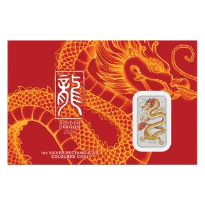Golden Dragon 2026 1oz Silver Coloured Rectangular Coin in Card - coin in card front